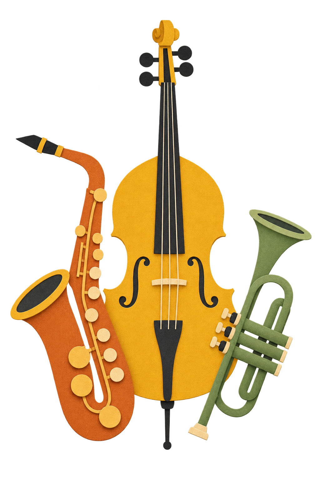 Playful illustration of a golden cello, terracotta saxophone and green trumpet